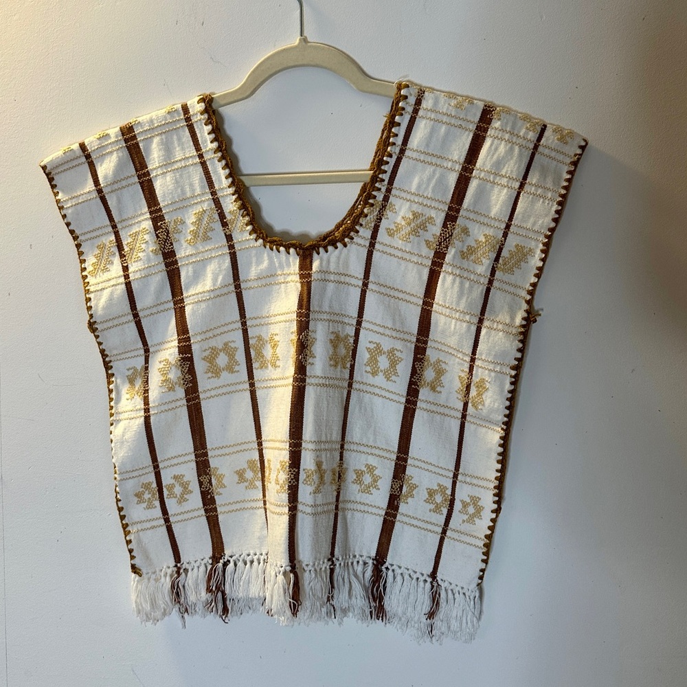 Hand Woven & Embroidered Oaxacan White and Brown Women's Tunic Top